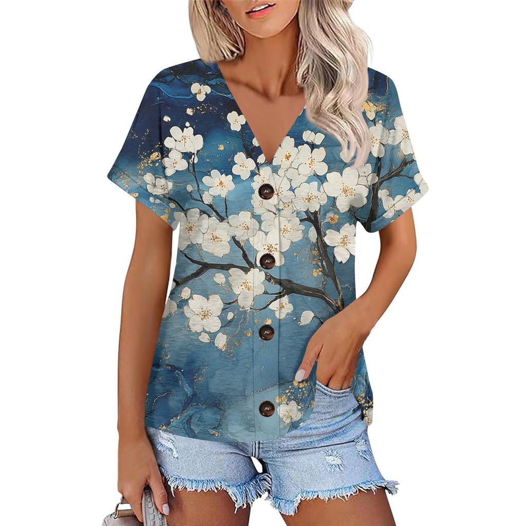 Женская мода с короткими рукавами и V-образным вырезом, повседневная футболка с пуговицами