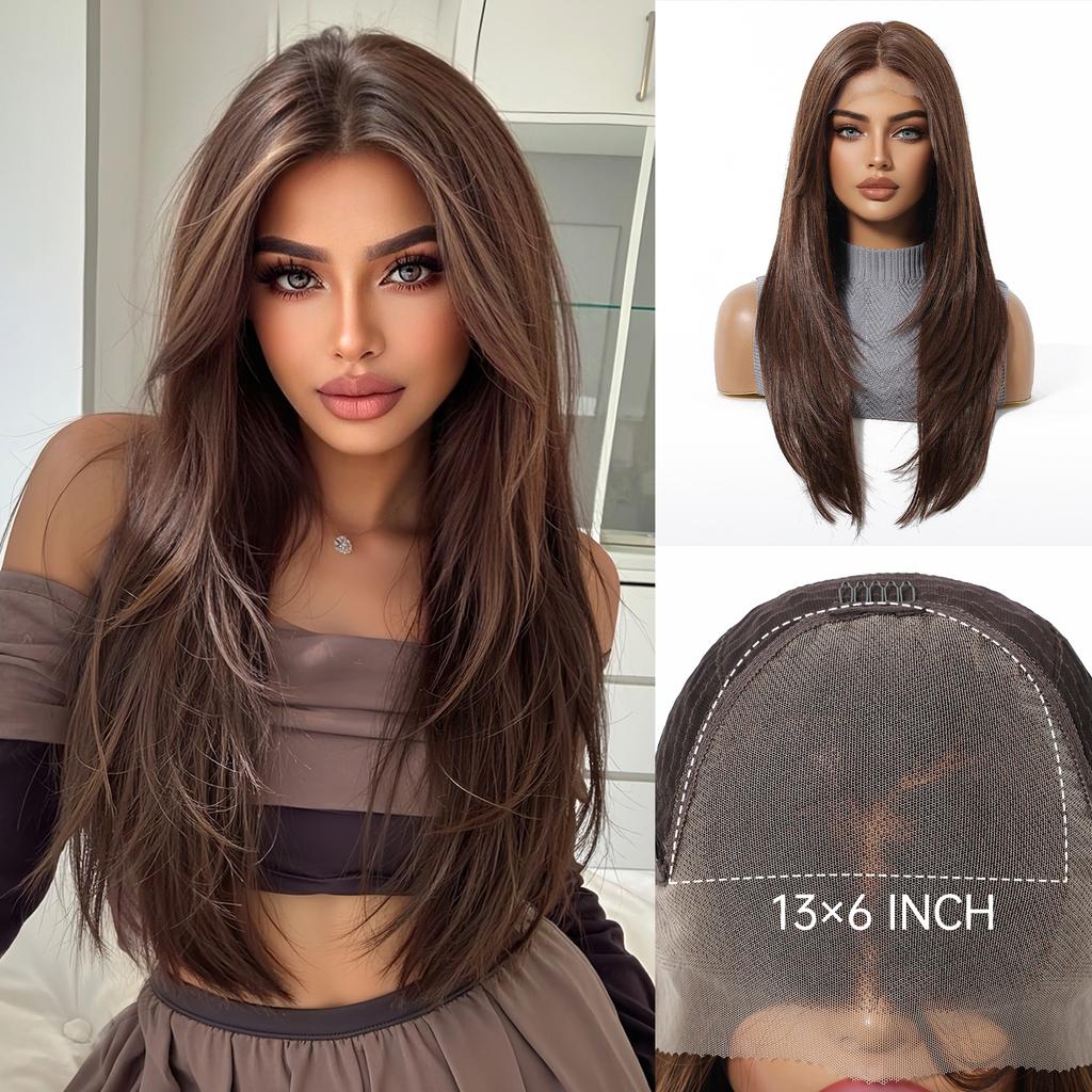 HAIRCUBE 13x6 Парик с кружевной передней частью для женщин Светло-русый Коричневый Слоистый До плеч Прямой Кружевной парик Естественная линия роста волос для ежедневного использования Вечеринки