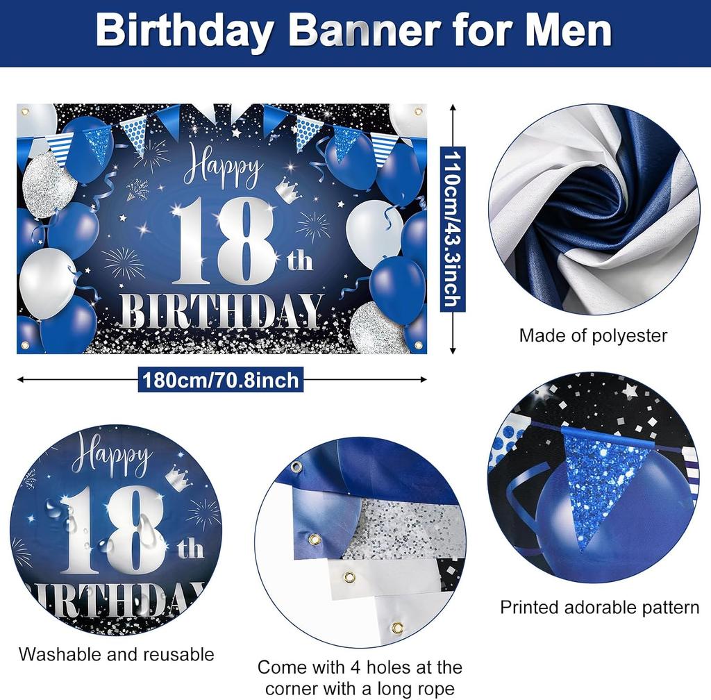 Happy 18th Birthday Banner for Boys Navy Blue Black 18 Years Decorations