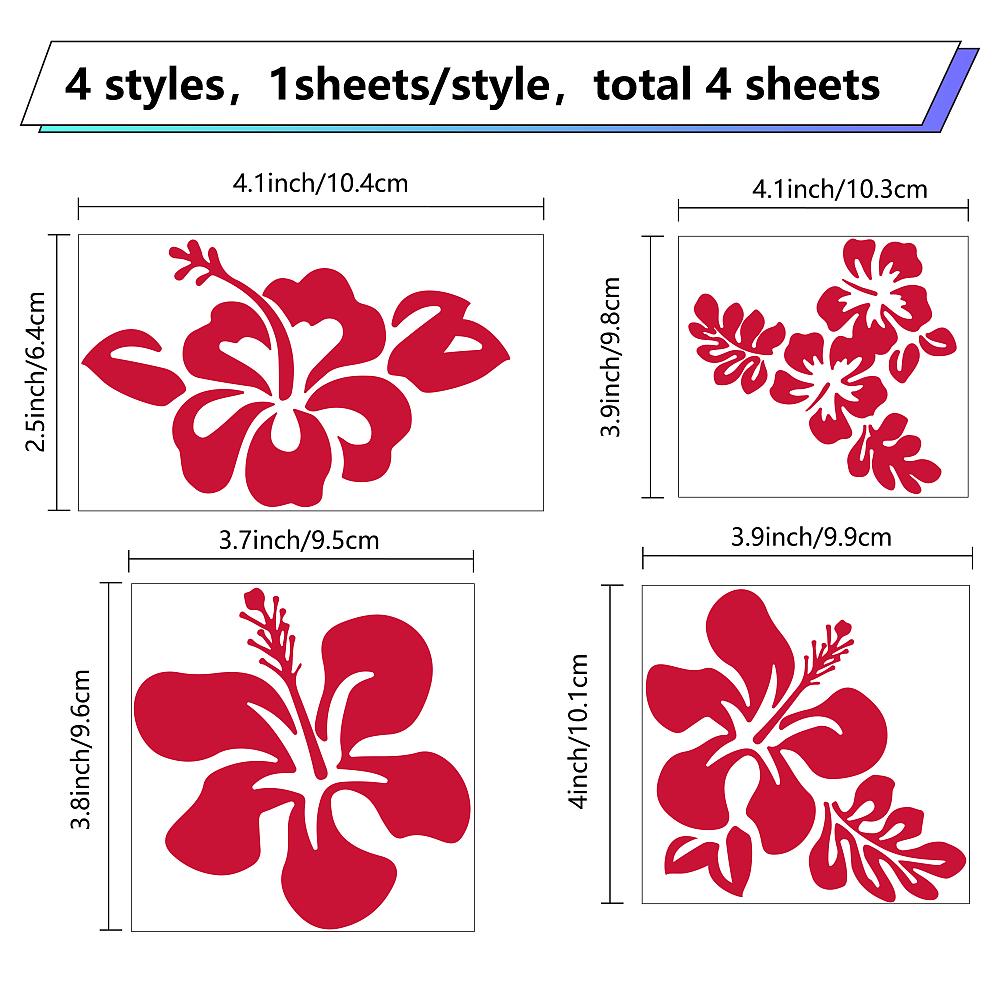 4Pcs 4 Styles PET Waterproof Self-adhesive Car Stickers Reflective Decals for Car Motorcycle Decoration Red Flower Pattern 200x200mm 1pc/style