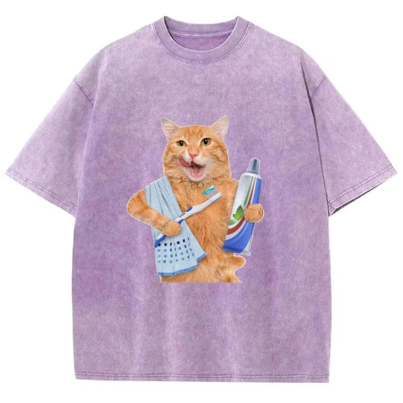 Funny Cat Design Print Washed T-Shirt Cooton Womens Summer O-Neck Oversized Tops Designer Trendy Casual Street Clothes