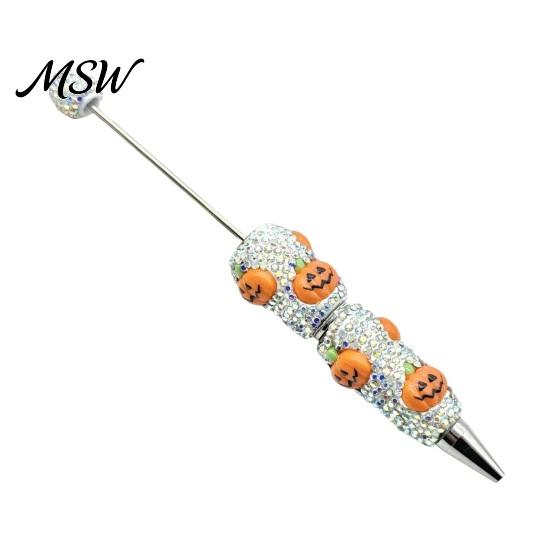 Halloween Office Supplies Rhinestone Beadable Pen, Glitter Plastic Beaded Pumpkin Ghost Skull Decorative Desk Pen Gel Ink for DIY Craft Making, School