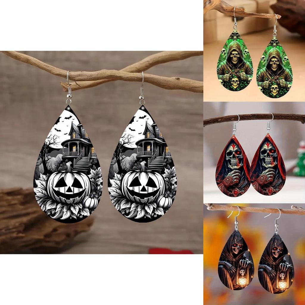 Halloween Themed Horror Skull Pumpkin Pattern Women Earrings For Unisex Festival Wear