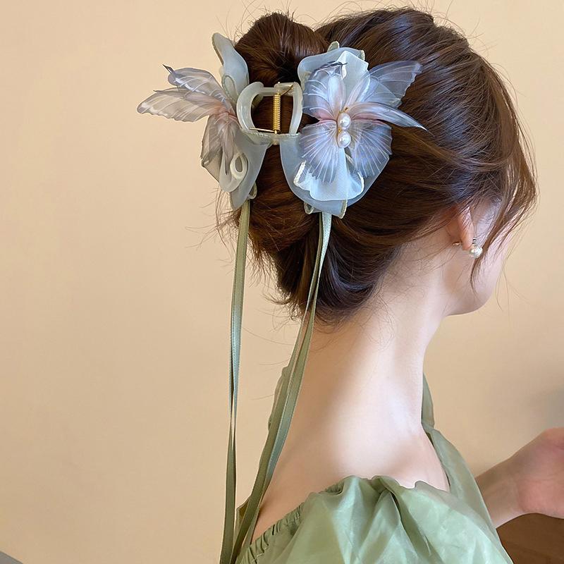 Длинная заколка для волос с кисточками и жемчугом в виде бабочки, бант, лента, большие заколки для волос в виде акулы для женщин, заколка для волос в виде конского хвоста, элегантный головной убор