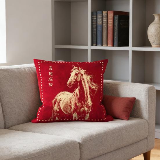 Чехол для подушки на китайский Новый год Год Лошади Красный Чехол для декоративной подушки Лошадь по китайскому зодиаку Декоративная наволочка для дивана, кровати, офиса, автомобиля
