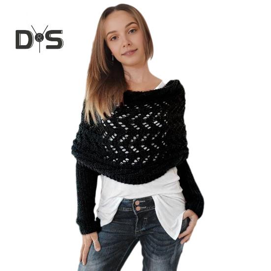 Knitted Cable Wrap Scarf with Sleeves Soft Bohemian Style Shawl Scarf Hollow Crochet Pattern Cross Wrap Scarf Sweater Wrap