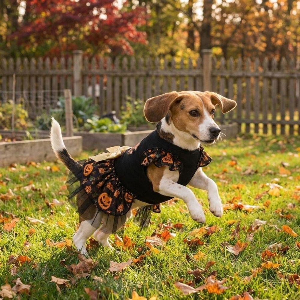 Pumpkin Print Pet Wizard Dress Big Bow Decor Pet Puff Sleeve Skirt Halloween Party
