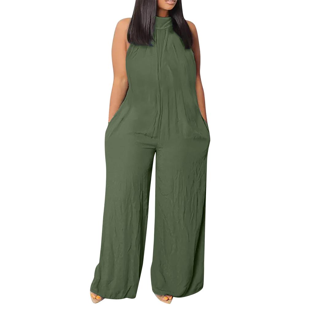 Women's Plus Size Jumpsuit Summer Beach Sleeveless Solid Color Casual Fashion Wide Leg Jumpsuit
