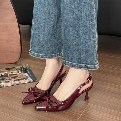 Мода 2025 Новое поступление Женские туфли на высоком каблуке из лакированной кожи, Стилет с острым носком и бантом, Вечерние и официальные туфли Сандалии