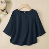 Women Casual Round Neck Solid Color Loose 3/4 Sleeve Blouse