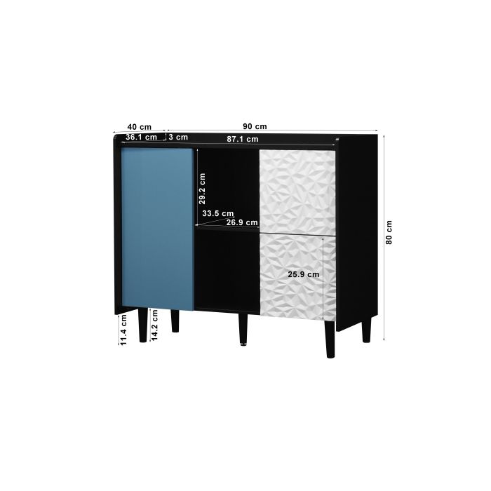 Buffet, corps noir avec portes bleues, comprenant deux tiroirs à panneau unique et deux compartiments de rangement ouverts.