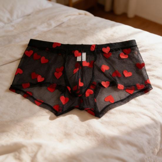 Мужское нижнее белье боксеры Эластичные со средней посадкой Перспективный дизайн с полым сетчатым узором Трусы-боксеры с узором в виде сердечек Подарок на годовщину