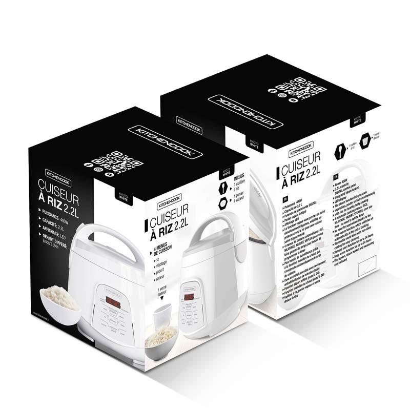 Kitchencook - Cuiseur à Riz 2.2l - Panier Vapeur Intégré - 400w - 4 Menus De Cuisson Automatique - Départ Différé - Blanc