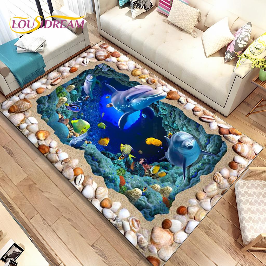 3D иллюзия морского дна, подводный мир, коврик с дельфином и акулой, коврик для гостиной, спальни, дивана, коврик, нескользящий напольный коврик