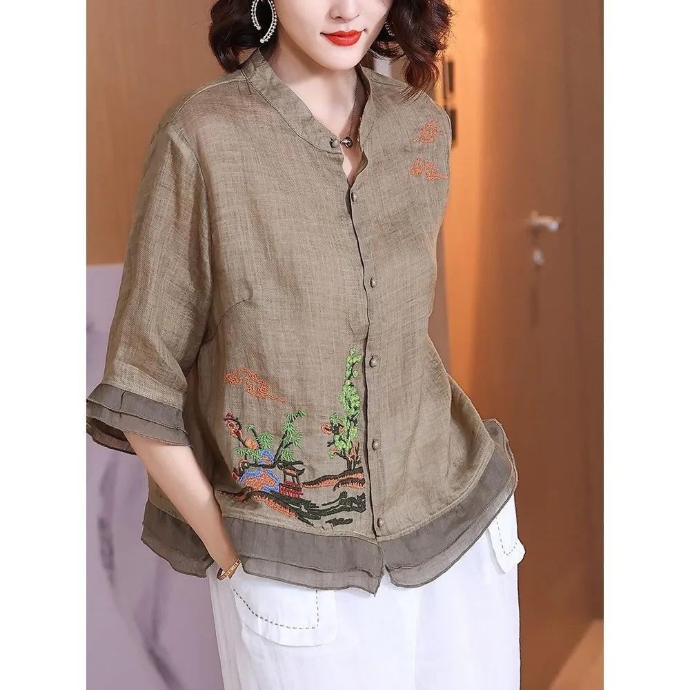 Tree Embroidery Shirt Coffee Green Spring Fall Women Tops Ruffle Sleeve Buttoned Cotton Linen Blouse