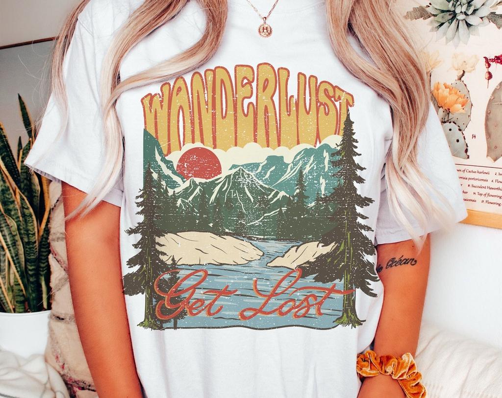 Wanderlust Tee, Wanderlust Graphic Tee, Mountains, Get Lost, Boho Tee, Vintage Inspired Cotton T-shirt, Unisex Tee, Comfort Colors Tee