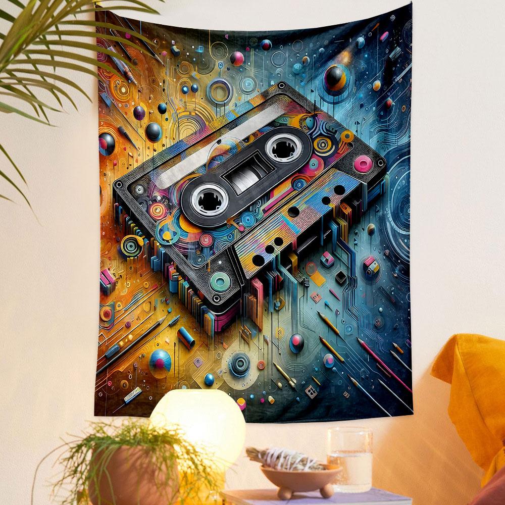 Retro Cassette Tape with Futuristic Design Patterned Tapestry Decorative Wall Hanging, Home Bedroom Living Room Decor