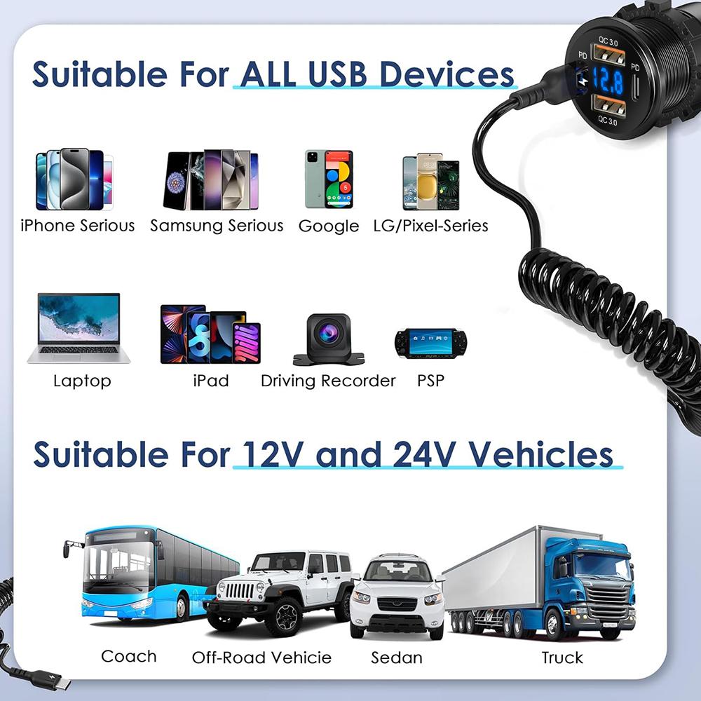 4-портовое USB-зарядное устройство со светодиодным вольтметром, двойной PD и двойной адаптер быстрой зарядки QC3.0, водонепроницаемый для автомобиля, лодки и мотоцикла 12/24 В
