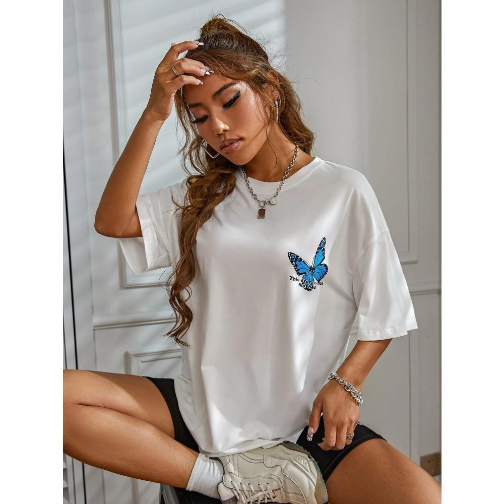 Summer Art Word and Blue Butterfly Printed Women T-Shirt Casua Short Sleeve Breathable T Shirt Street Clothing