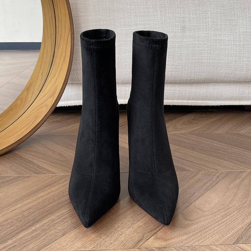 Autumn and winter high-heeled short boots women's elastic thin boots thin heel pointed short tube apricot single boots