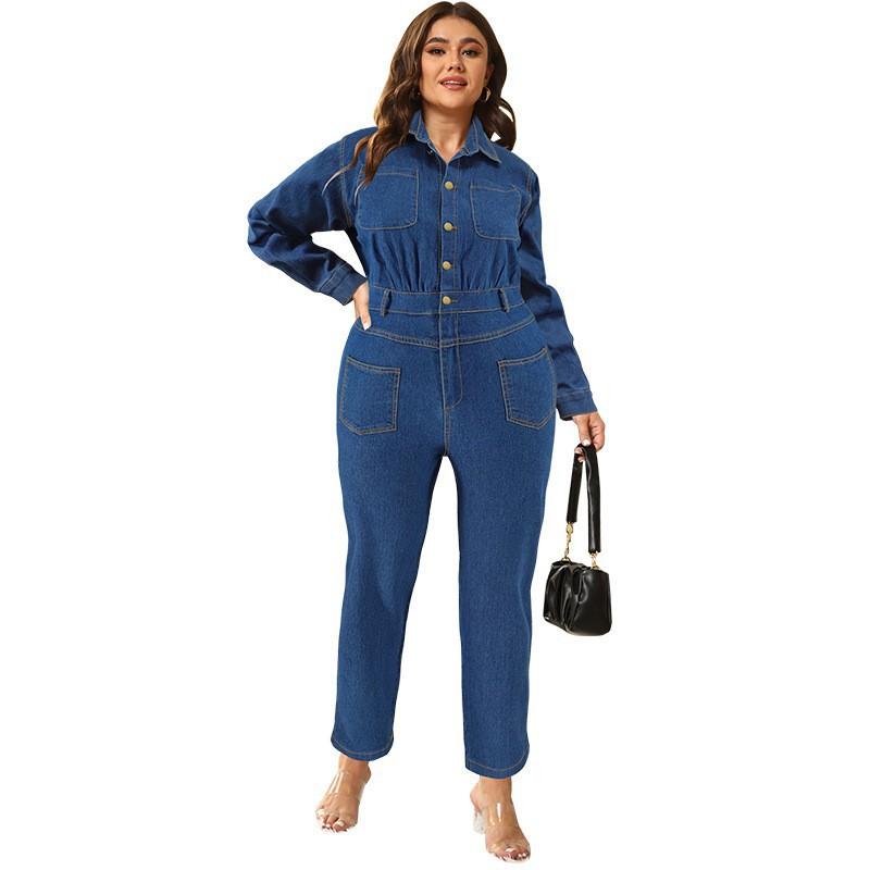 Womens Plus Size Denim Jumpsuit Long Sleeve Collarless Straight Leg Overalls 2025 Soft Sweet Style XL To 5XL