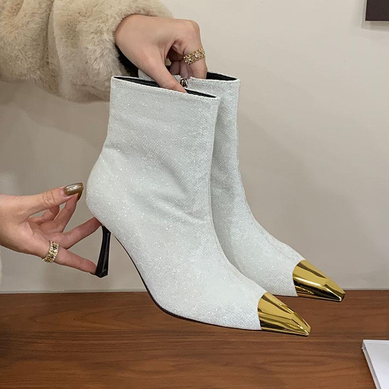 Мода Мода Острый Носок Металл Женские Ботильоны Современные Ботинки На Каблуке Обувь Женские Короткие Ботинки Женская Обувь На Молнии Туфли-Лодочки