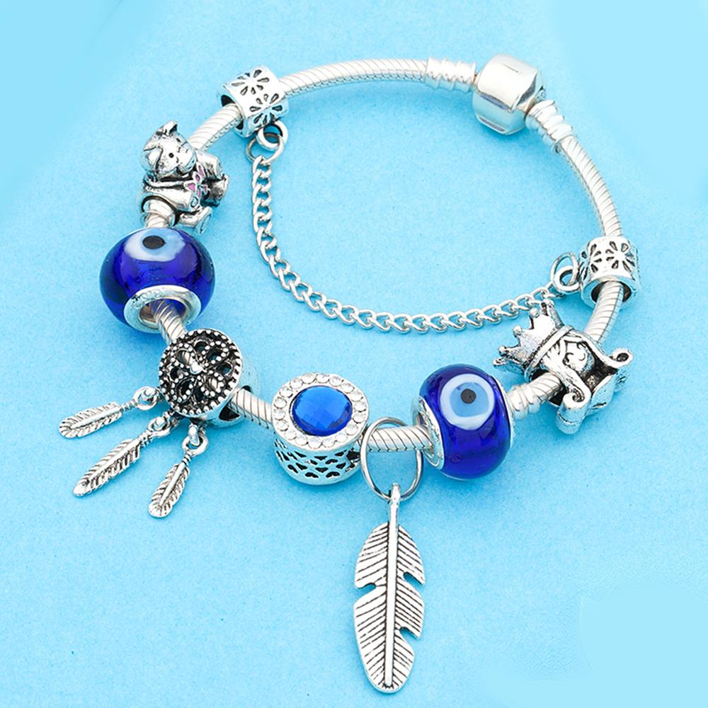 Стиль SS925 Серебряные стеклянные бусины с хрустальными перьями Браслет «Ловец снов» с защитной цепочкой Прекрасный подарок для женщин с тканевой сумкой