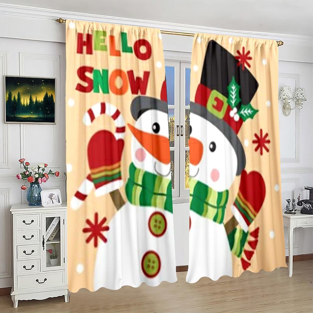 2 pieces - Snowman - printed curtain - Polyester material - suitable for bedroom decor, living area, study private curtain