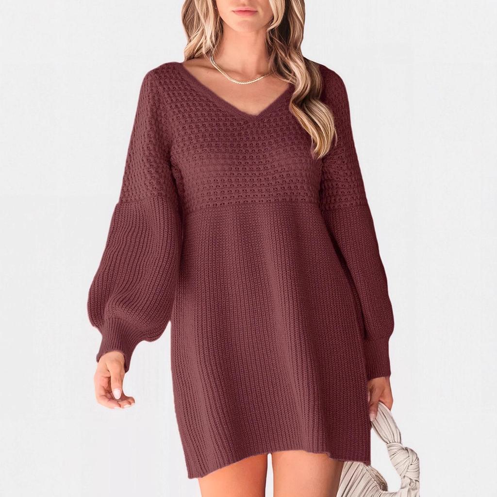 Вязаное платье-свитер с V-образным вырезом и рукавами-фонариками в стиле ретро - Европейский и американский осенне-зимний стиль