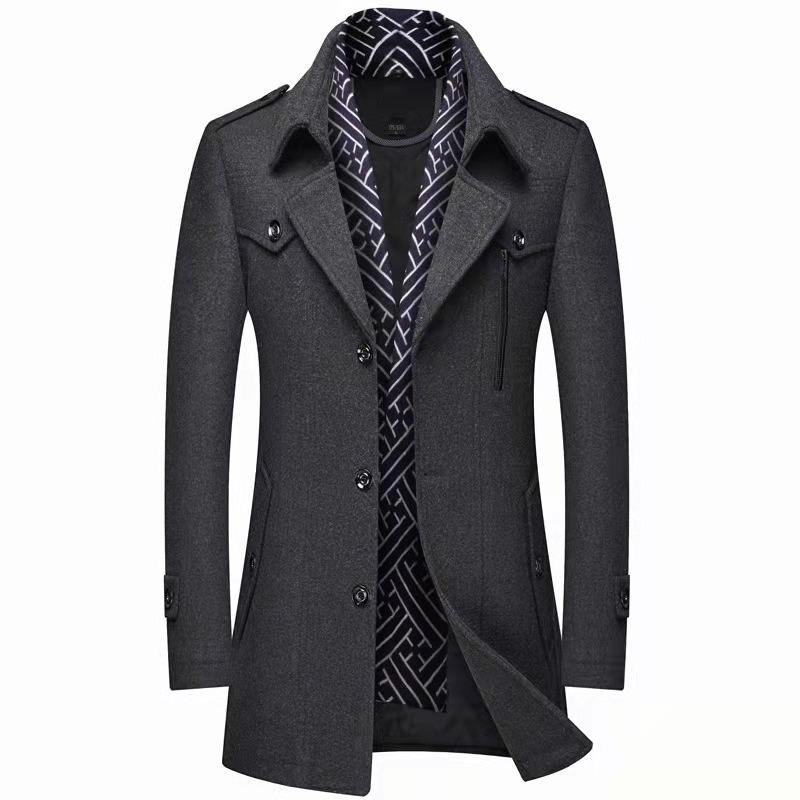 Men's Woolen Coats Fashion Thicken Mid Length Trench Turn Down Collar Warm Outerwear Business Casual Wool Coat