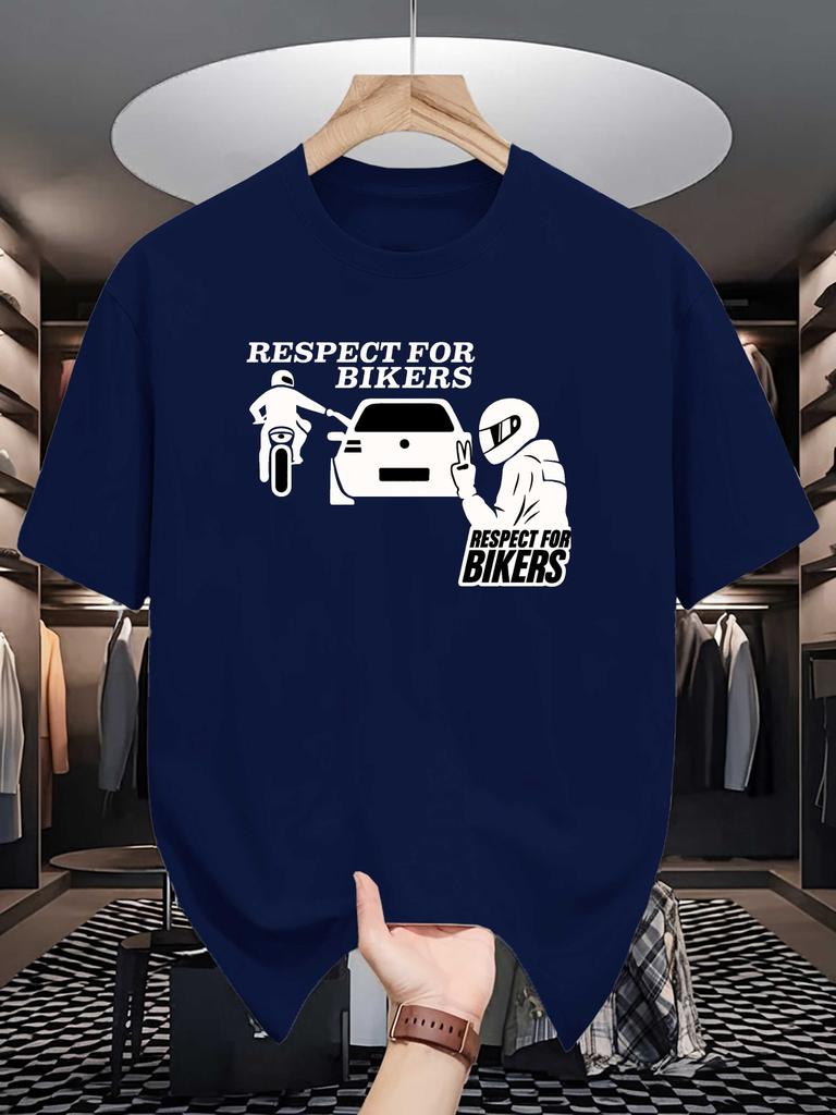 Unisex Beige Tee Motorcycle Rider Respect For Bikers Text Graphic Print Crew Neck Short Sleeve Summer Casual Male Cotton Street Top