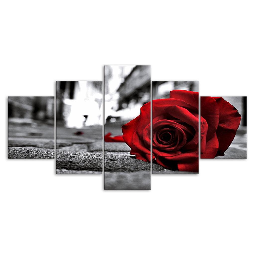 Romantic Red Rose Flower 5 Piece Five Panel Wall Canvas Print Modern Art Poster Picture Home Decor Gift For Him For Her
