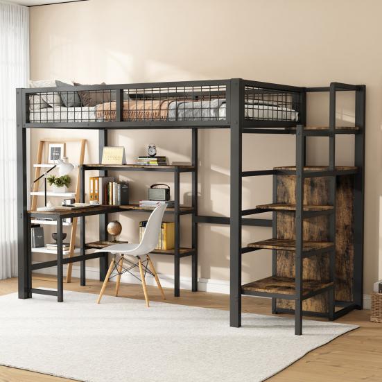 Iron Bed Several Shelves Bunk Built-in Wardrobe Desk Strong Load Adult Bearing Rustic Look Metal Frame Loft Home Furniture
