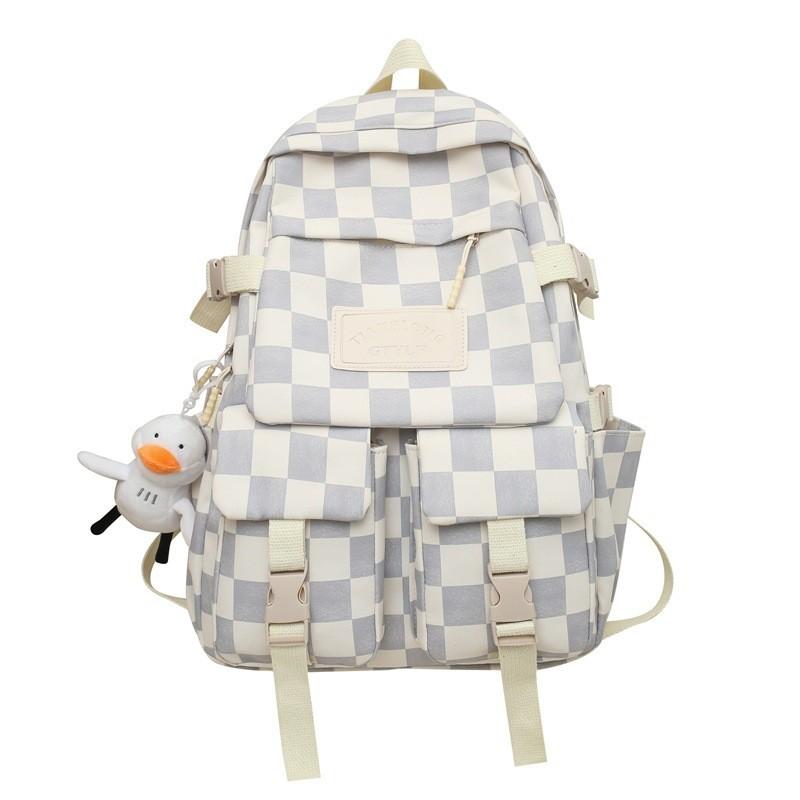Academy Style Plaid Backpack For Women 2023 New Cross-border Middle School Student Bag Large Capacity Travel Double Shoulder Bag White