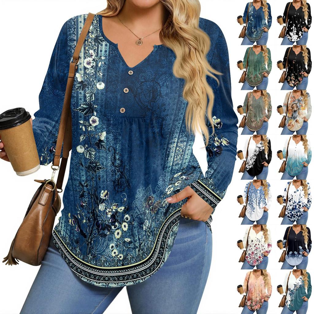 Womens Plus Size Long Sleeve Shirts V Neck Tunic Tops Basic Loose Fit Tee Tops
