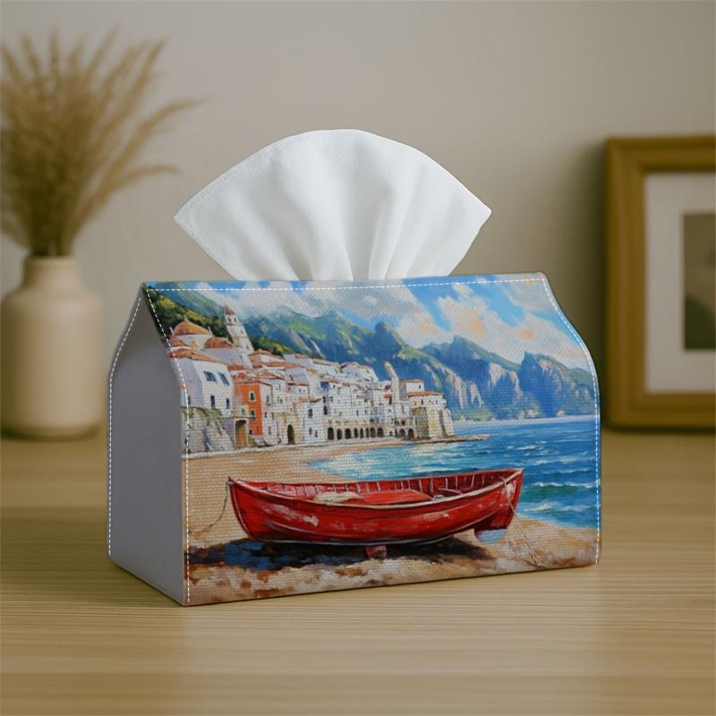 1pc Two Sizes Available Mediterranean Italian Tissue Box with Village Boat Sea Painting- Napkin Storage Organizer for Kitchen, Car, Elegant Decorative