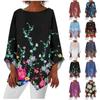 Women's Fashion Retro Print Round Neck Nine Quarter Sleeve Irregular Hem T-shirt Top
