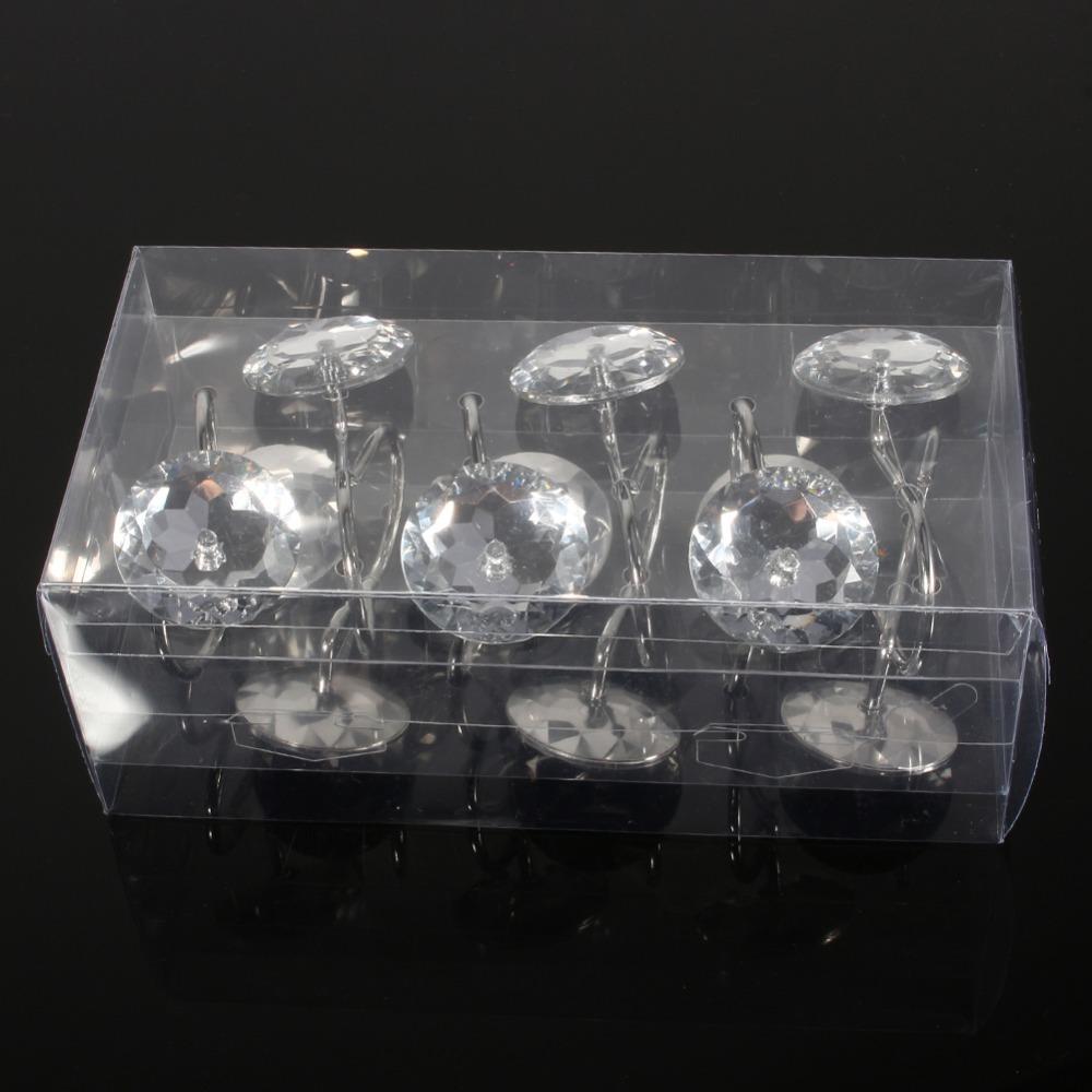 12pcs Acrylic Stainless Steel Crystal Shower Hook Transparent Rolling Curtain Hook Home Decor