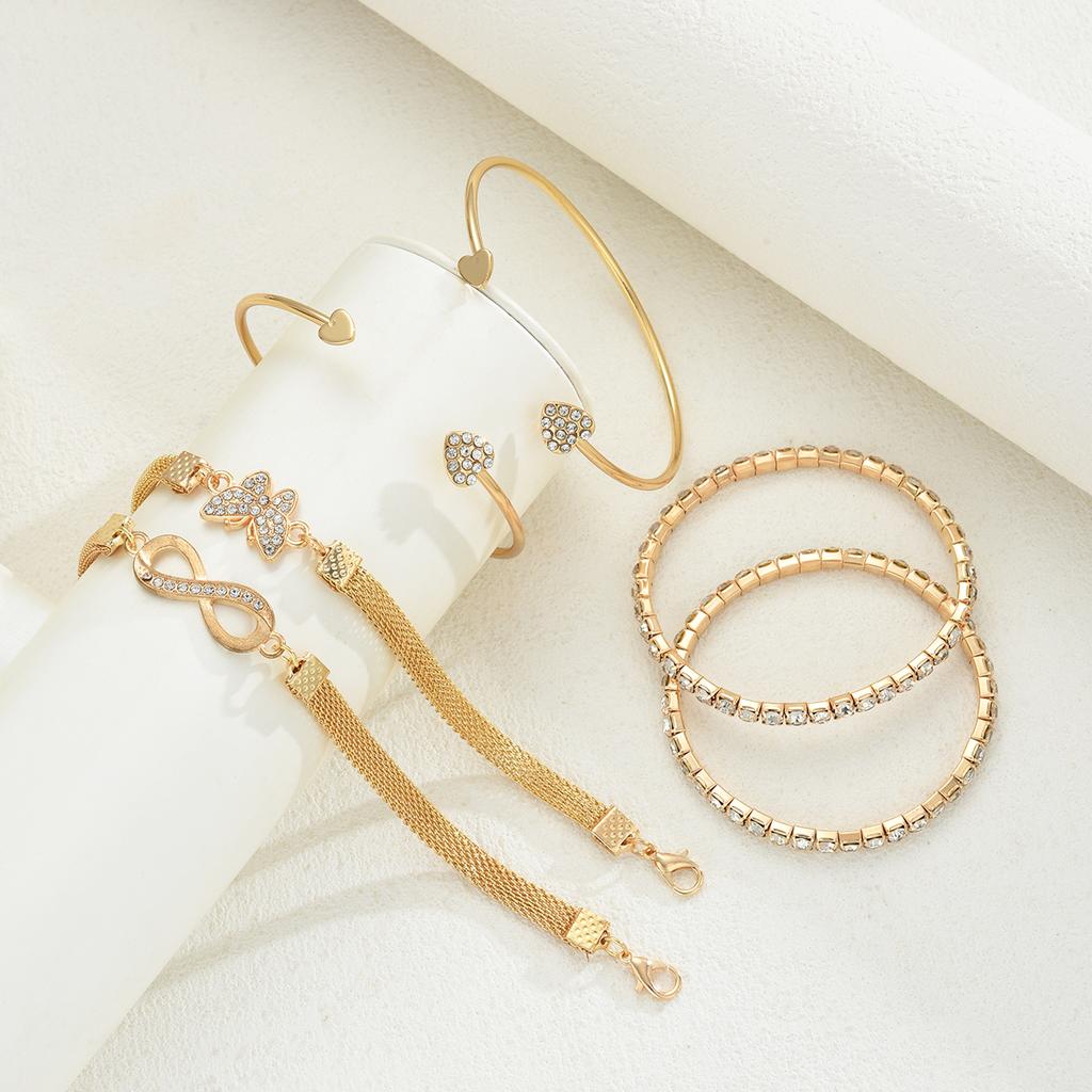 6pcs Vintage Gold Color Eight Word Butterfly Heart Bracelet Set for Women Punk Sparkling Rhinestone Infinity Cuff Bangle Jewelry