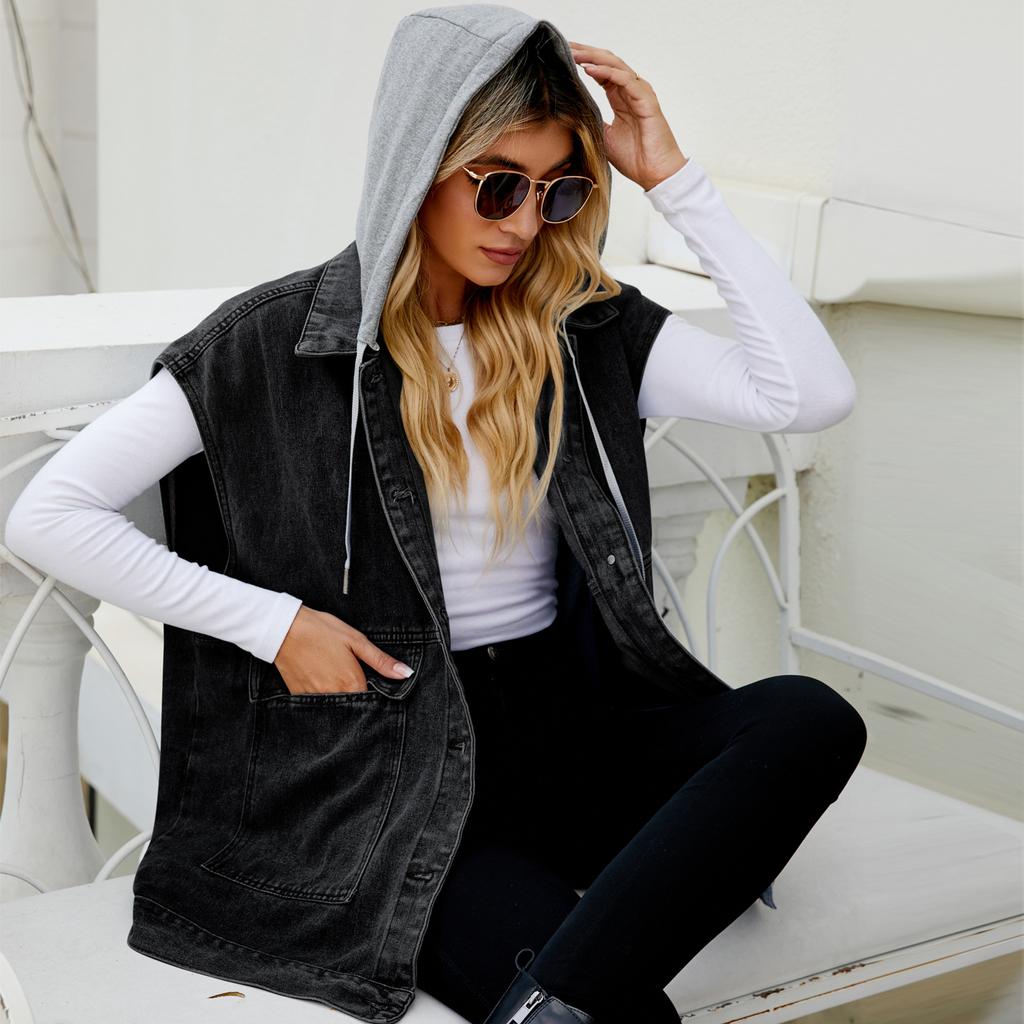 Новый джинсовый жилет, камзол, женский джинсовый жилет без рукавов EBay Fashion Trend, съемный капюшон