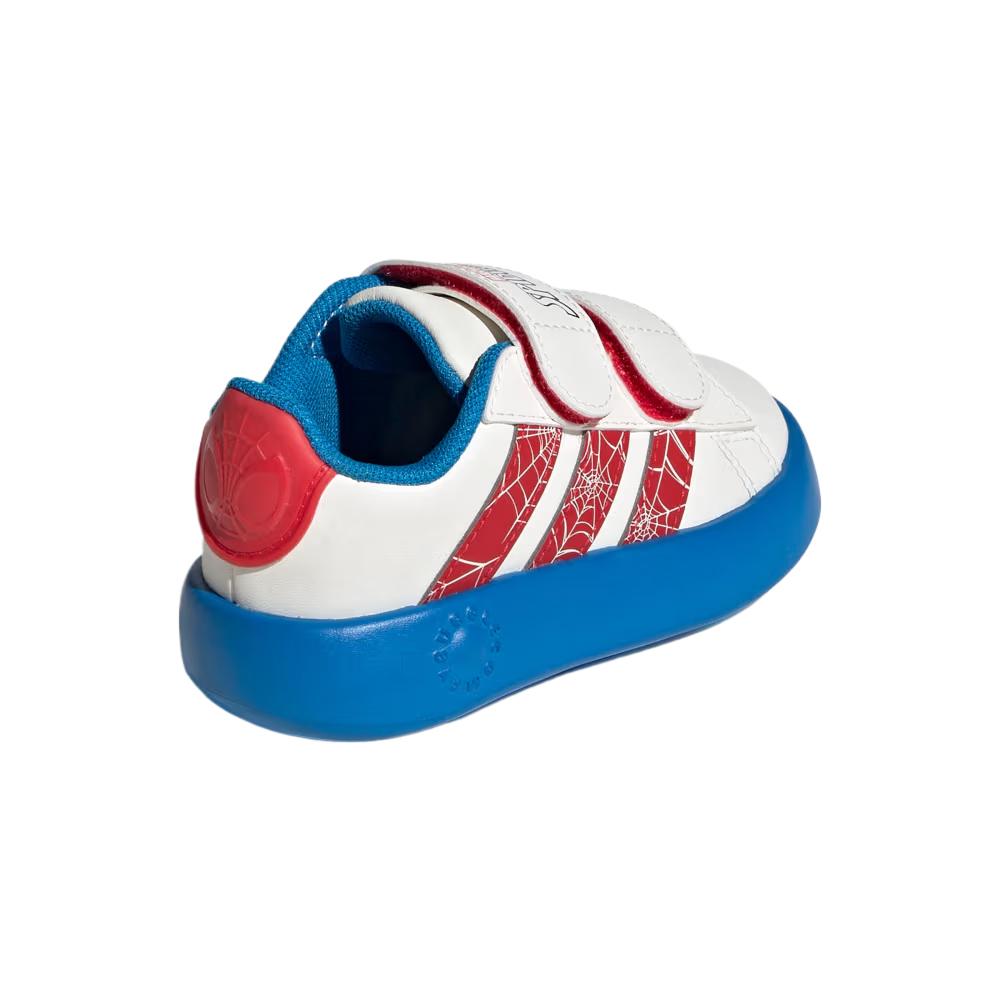 Marvel x adidas Grand Court I Человек-паук - Белые детские кроссовки Облачно-белые Чисто-рубиновые Ярко-синие JQ8072