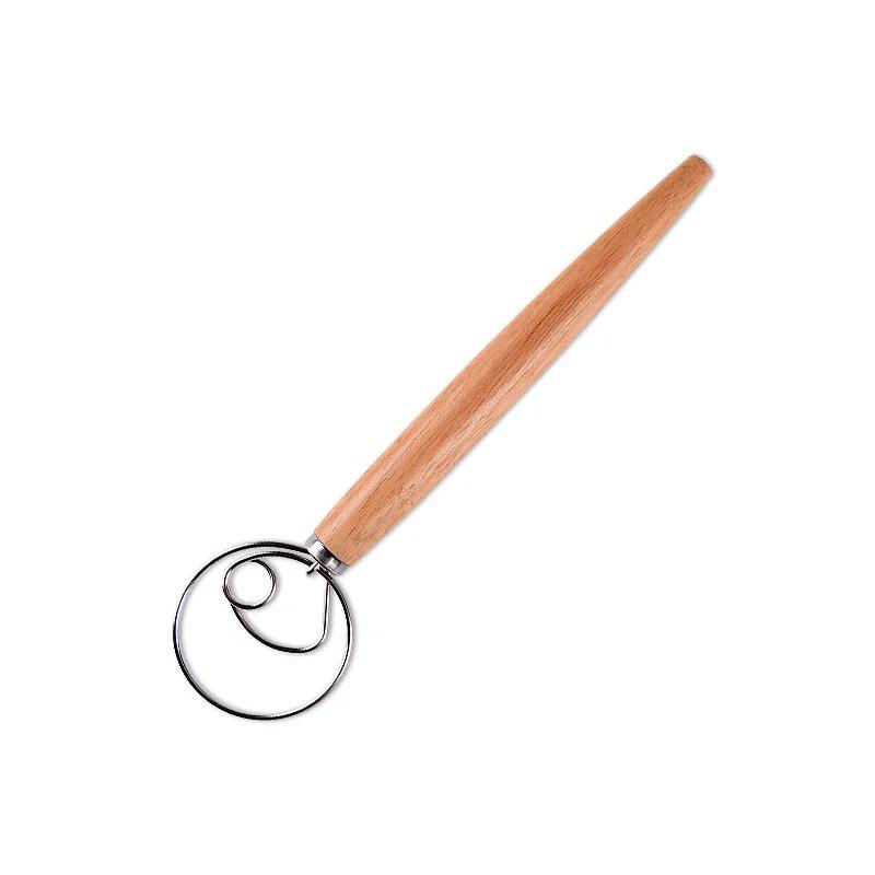 1Pcs Danish Dough Whisk with Wood Handle, Dutch Style Bread Whisk for Dough Cooking Kitchen with Stainless Steel Danish Whisk