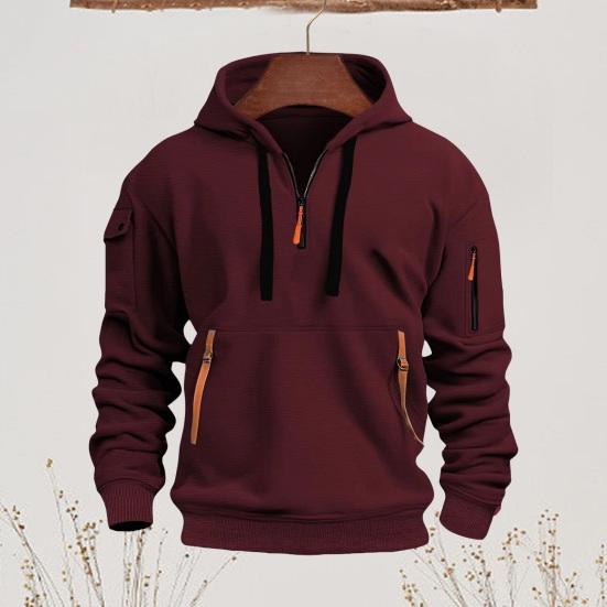 Men Fall Winter Hoodie Solid Color Drawstring Long Sleeves Half Zipper Arm Pocket Strap Decor Hooded Loose Daily Wear Casual Sport Top