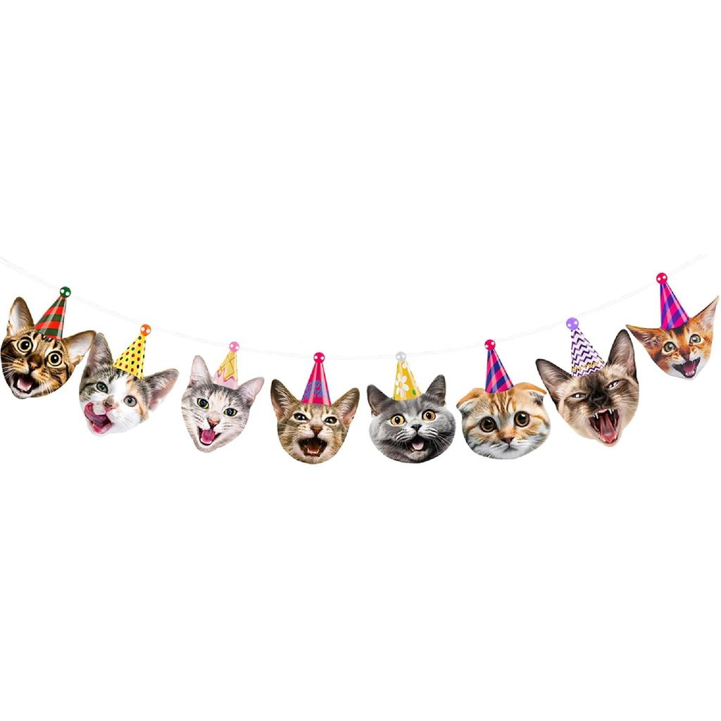 Funny Party Decorations Kids Boys Girls Women Men Adult Birthday Garland Cat Faces Happy Birthday Banner Kitten Bunting Photo Props for Cat Themed