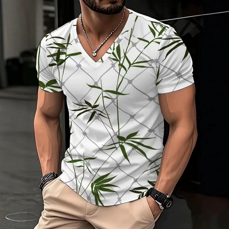 Mens V-Neck Short Sleeve T-Shirt With 3D Creative Print Breathable Cotton Blend Slim Fit Casual Tee