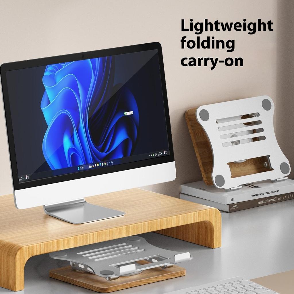 J31 Foldable Laptop Cooling Stand Metal + Wood Adjustable 360-Degree Rotating Notebook Bracket