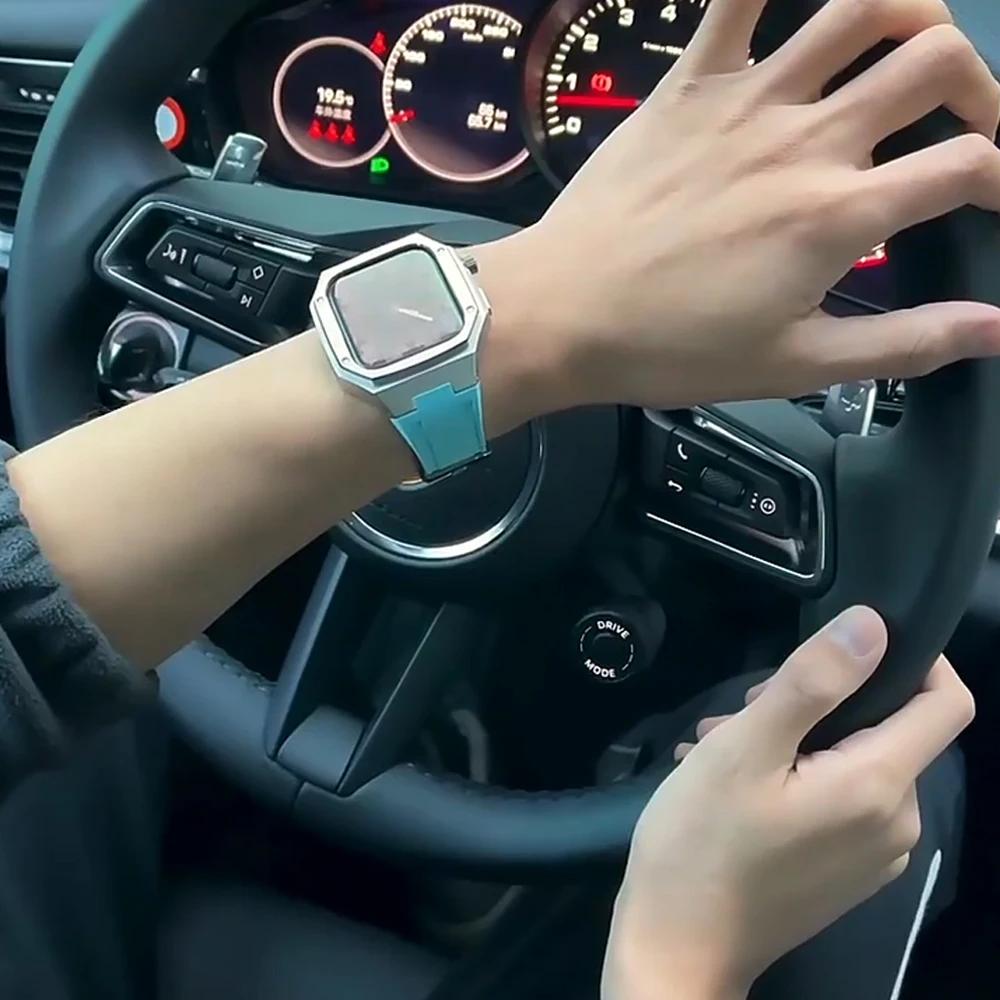 Роскошный комплект для модификации для Apple Watch 8 7 44 мм 45 мм 40 мм 41 мм Корпус из нержавеющей стали Резиновый спортивный ремешок для IWatch Series 6 5 4
