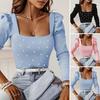Women Spring Top Low-cut Square Neck Solid Color Slim Fit Elastic Thread Beaded Long Sleeve Bubble Sleeve Lady Commute Blouse