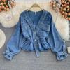Women's Autumn Beaded V-Neck Denim Jacket - Korean Loose Fit, Versatile Fashion, Slimming Short Top