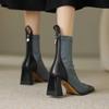 Krazing Pot Cow Leather Flock Winter Square Toe Thick High Heels Zipper Stretch Boots Stovepipe Women Ankle Boots